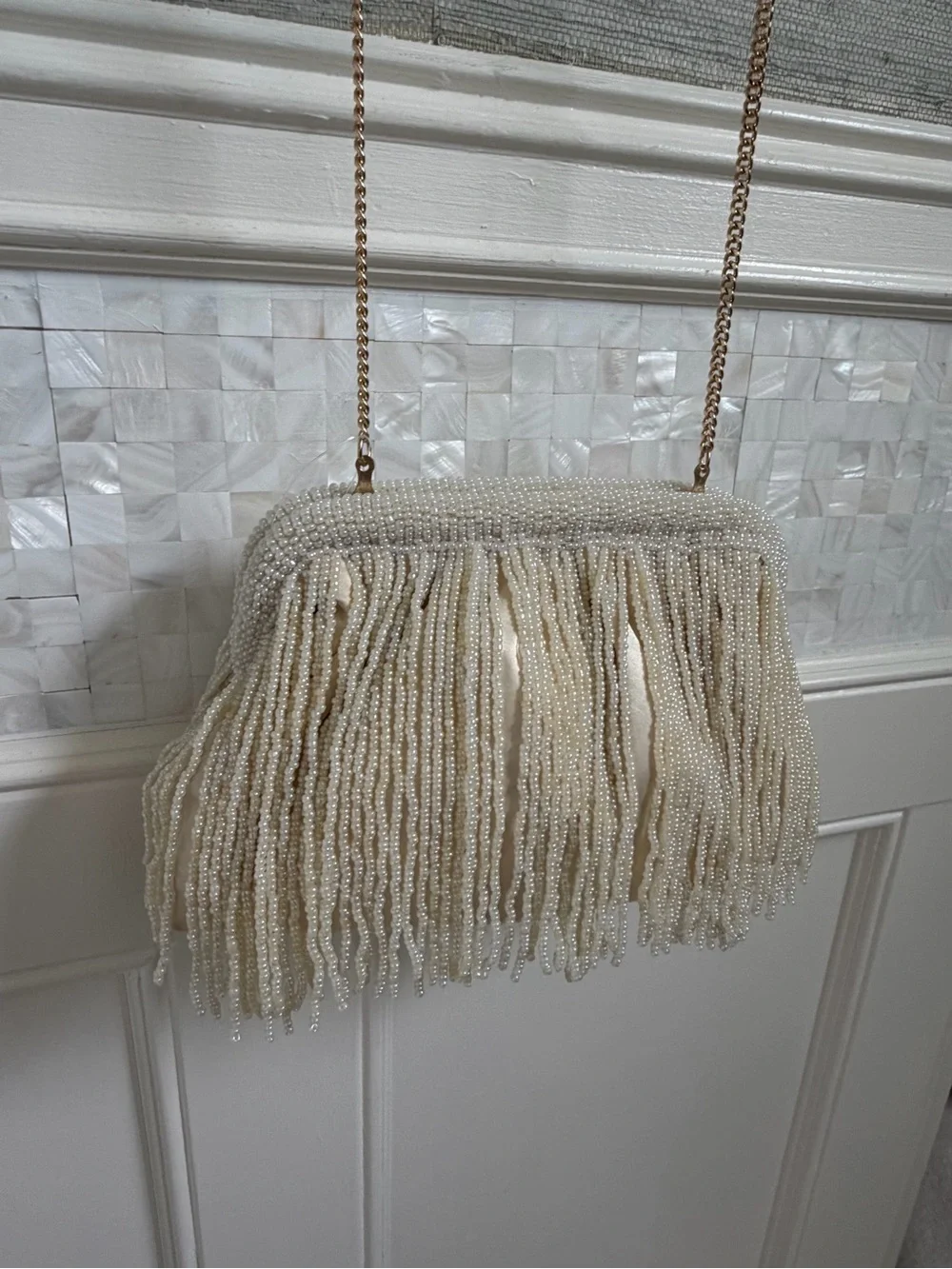NWOT new beaded long Fringe clutch crossbody bag chain white cream wedding